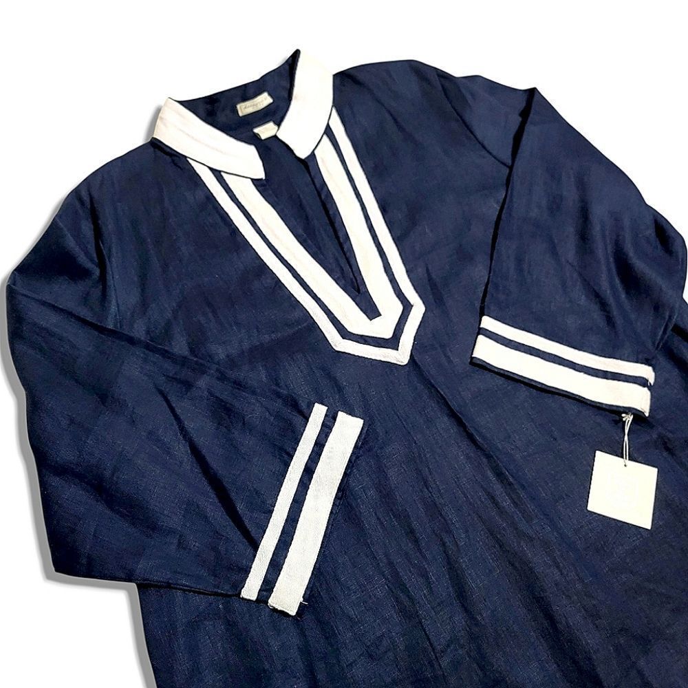 Deane & White 100% linen Navy Blue and White Nautical Women's Tunic Top Blouse - Picture 6 of 9
